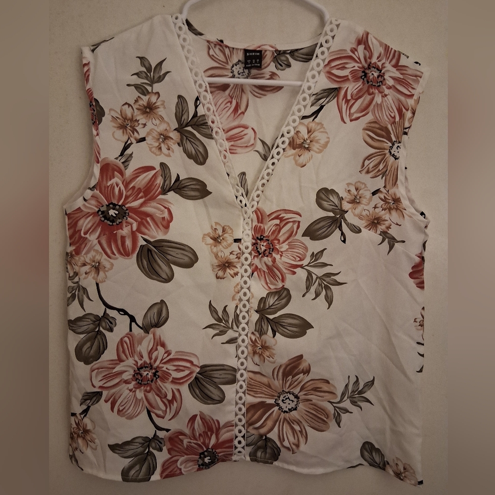 Floral V-Neck Blouse - White and Pink